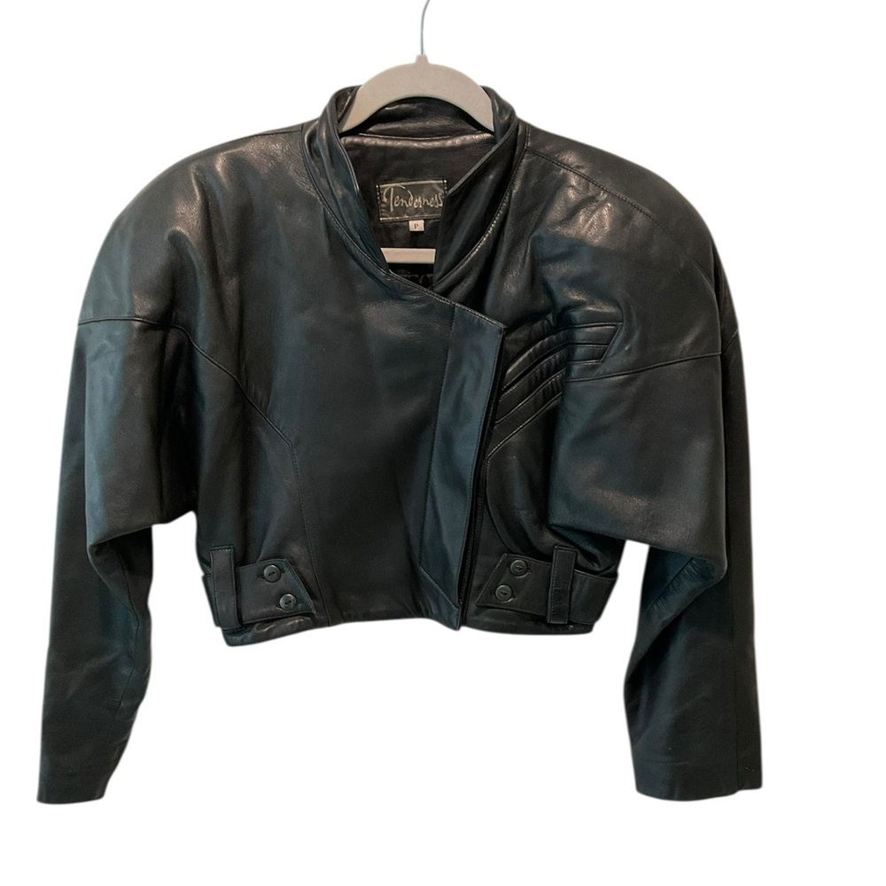 Vintage 70s Cropped Black Lamb Leather Moto Jacket Petite Small Soft Biker Chic - Picture 6 of 9